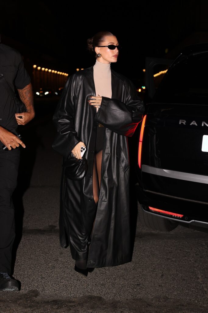 Hailey Bieber enjoys a meal at Coste restaurant in Paris with friends dons glamorous black leather coat George V Magazine